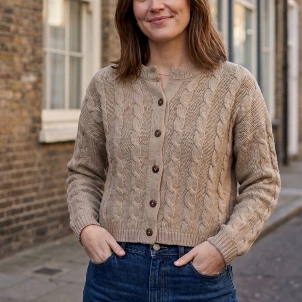 Maggie Women’s Cable Knit Cardigan Size M Tan Cropped Button Front Sweater Cozy